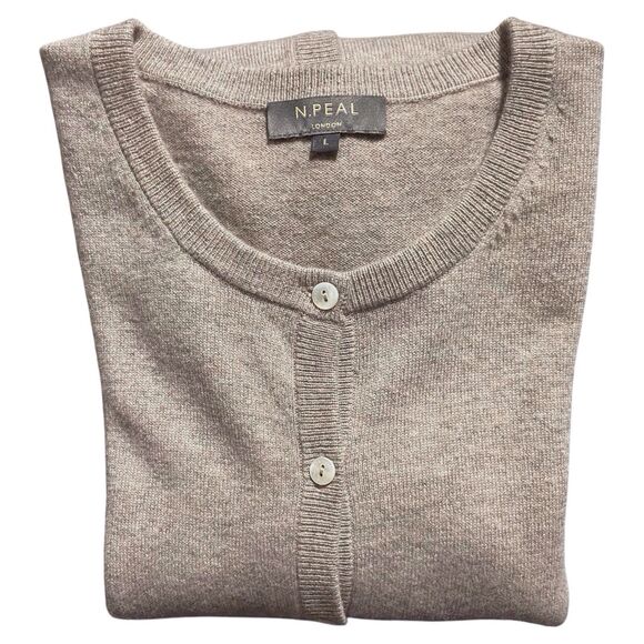 N.PEAL LONDON Olivia Round Neck Cardigan Size Large Organic Cashmere Brown Beige - Picture 16 of 16